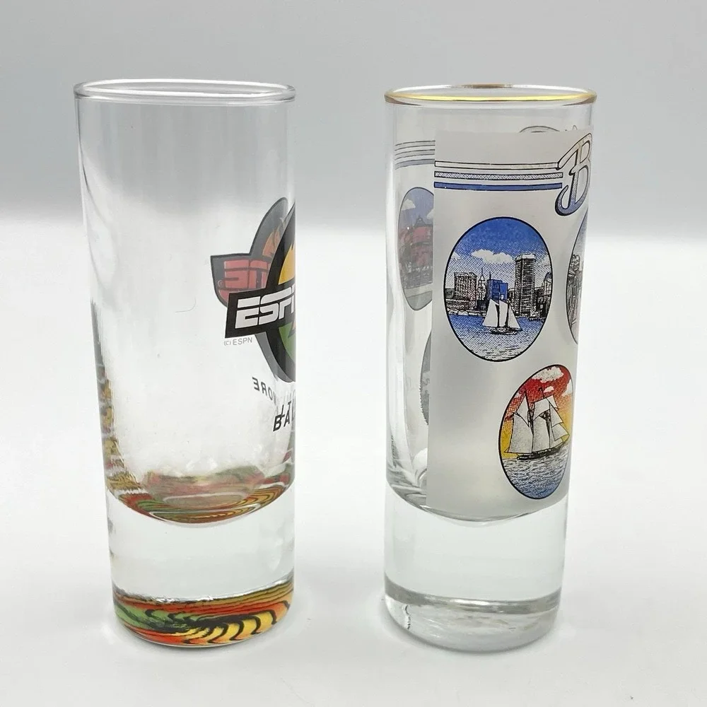 Vintage Baltimore Shot Glasses Set of 2 ESPN Zone Souvenir Gold‎ Rim 1990s